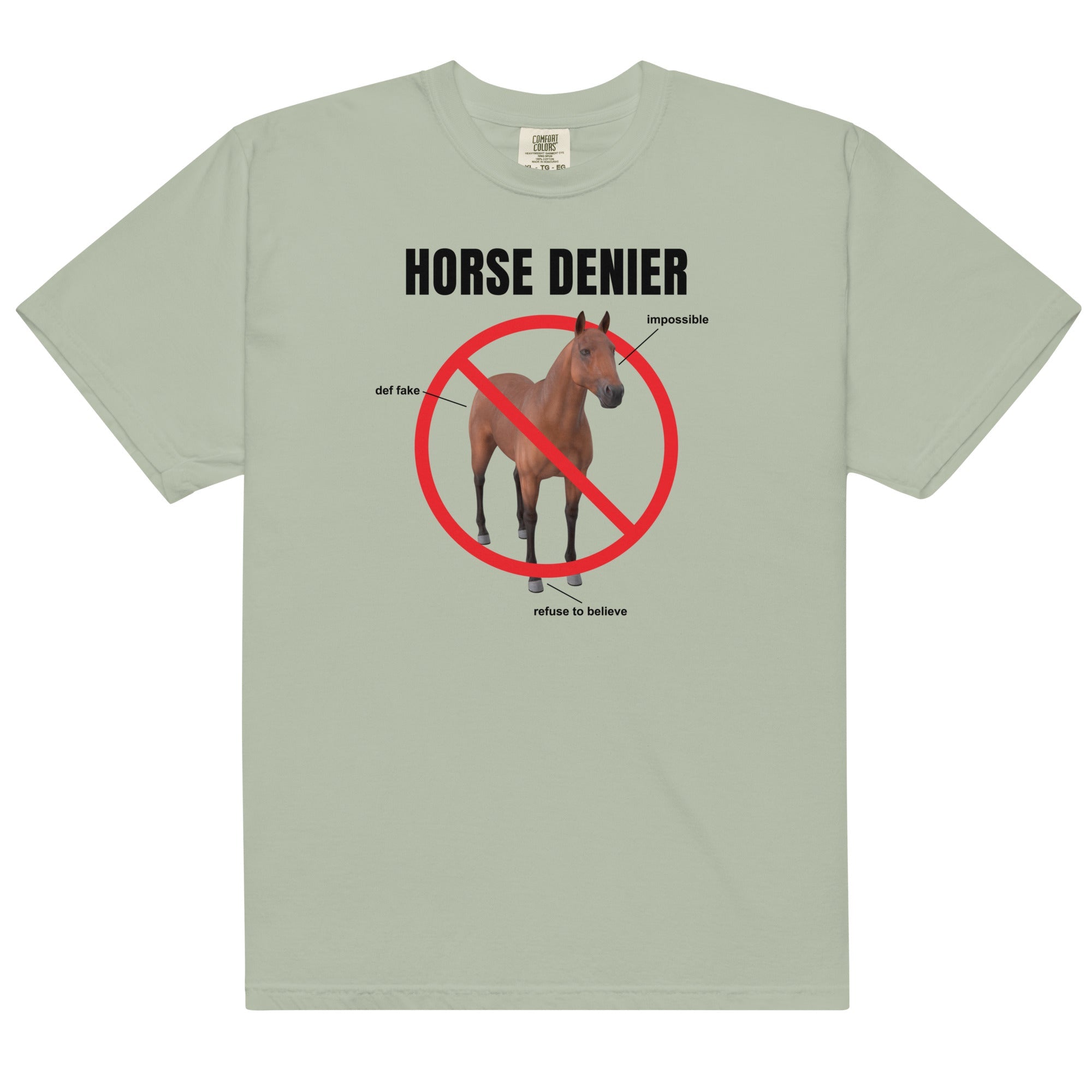 Horse Denier Unisex t-shirt - Frog Mustard Stickers