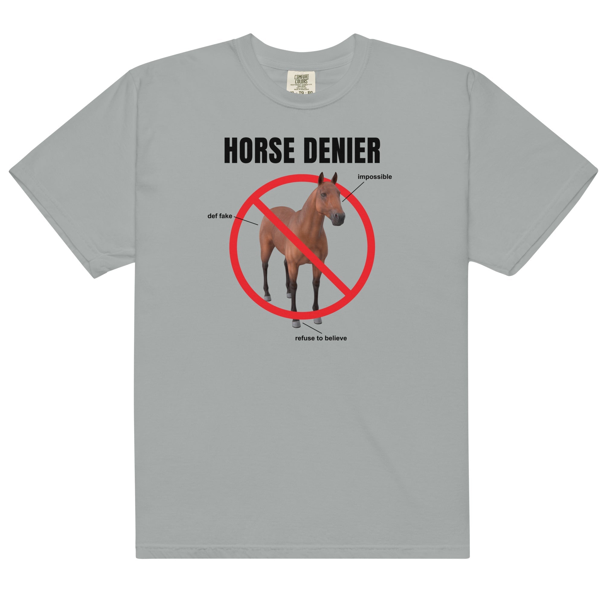 Horse Denier Unisex t-shirt - Frog Mustard Stickers
