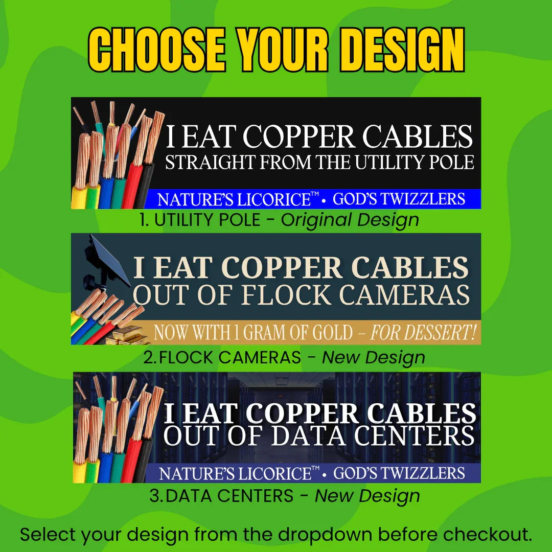 I Eat Copper Cables (Nature's Licorice TM) | 3 Design Options - Frog Mustard Stickers