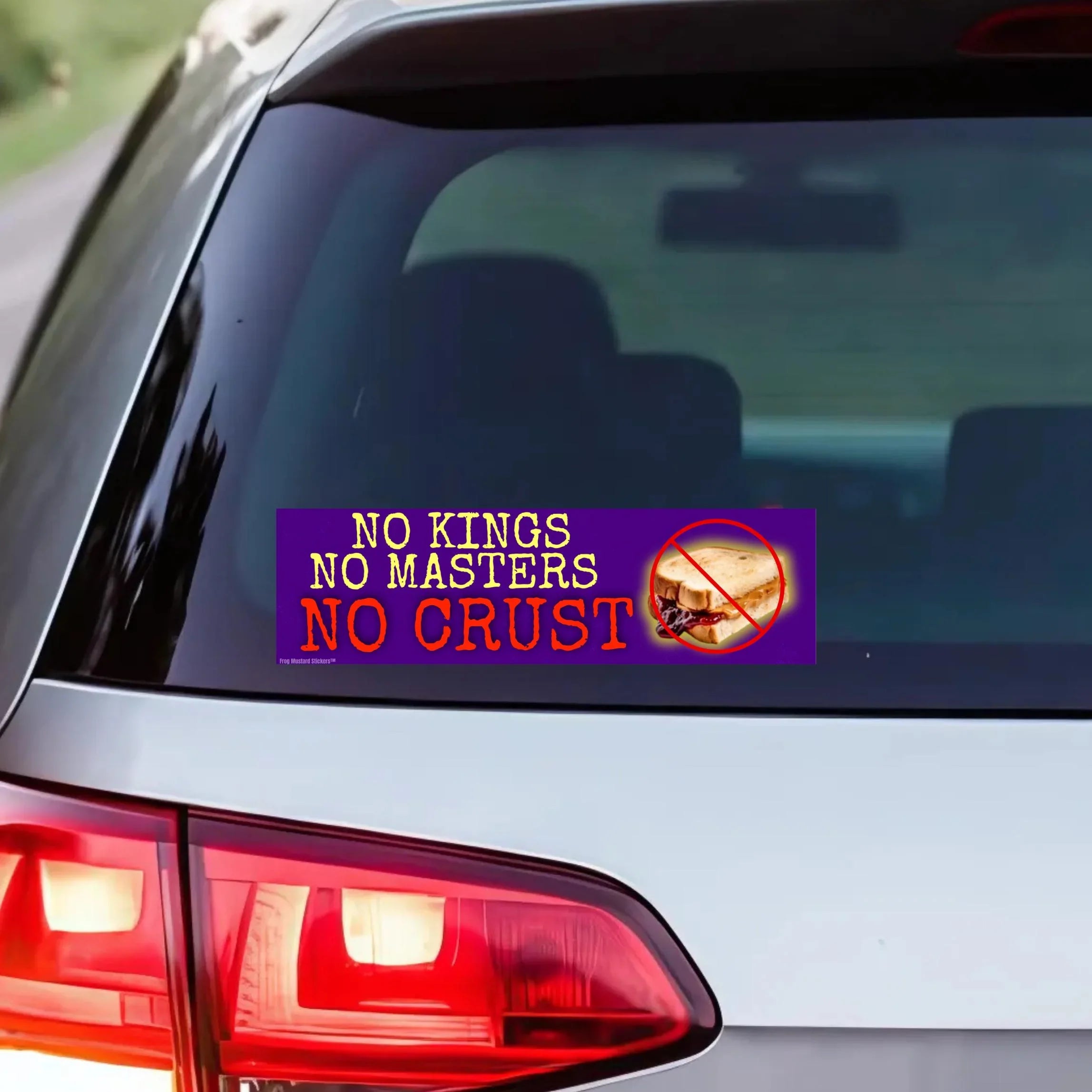 No Kings, No Masters, No Crust (PBJ) | Badass Car Sticker | Bumper Sticker OR Magnet | Satire | 8.5" x 2.5" Premium Weather-proof Vinyl