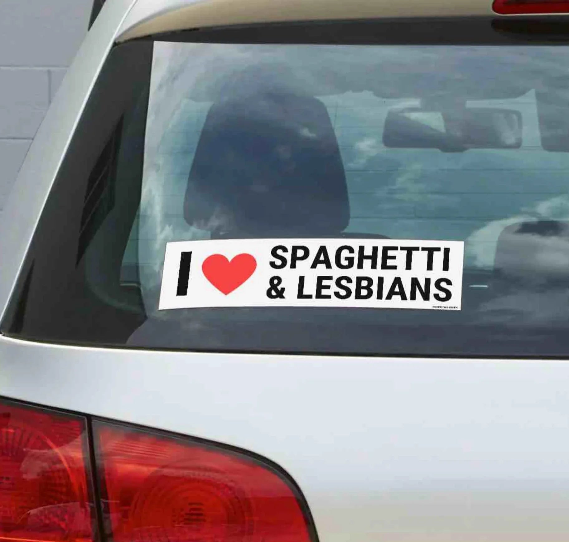 Funny car bumper sticker with text 'I love spaghetti & lesbians' on rear window.