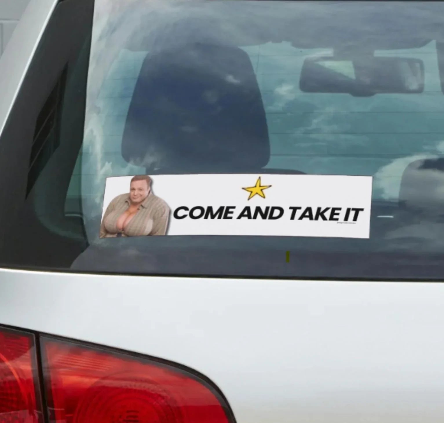Funny weatherproof vinyl car bumper sticker with 'Come And Take It' text, yellow star, and humorous photo
