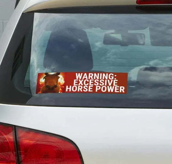 Funny vinyl bumper sticker on car with horse and text warning excessive horse power