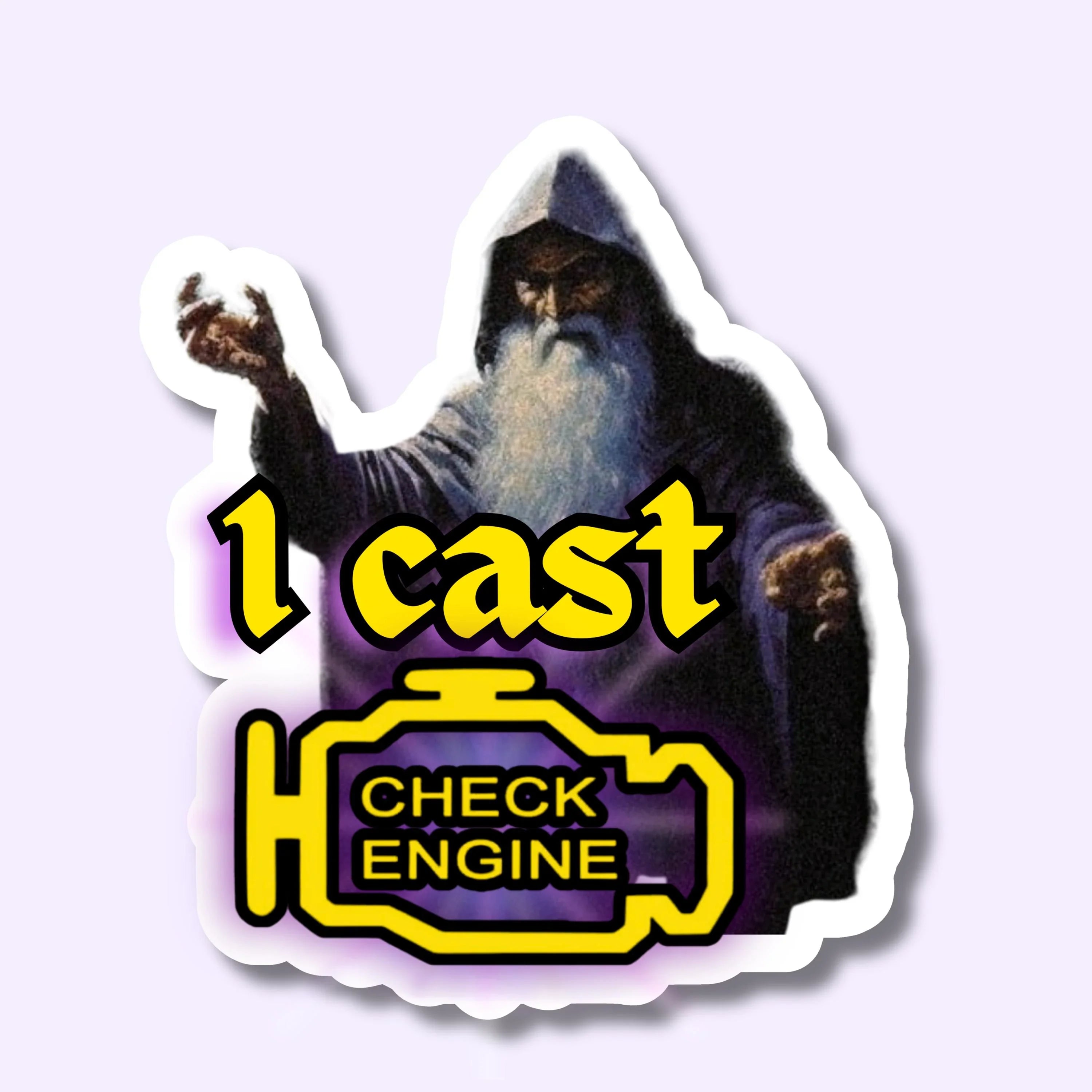 Wizard with '1 cast' and check engine light sticker, bold vinyl design for cars
