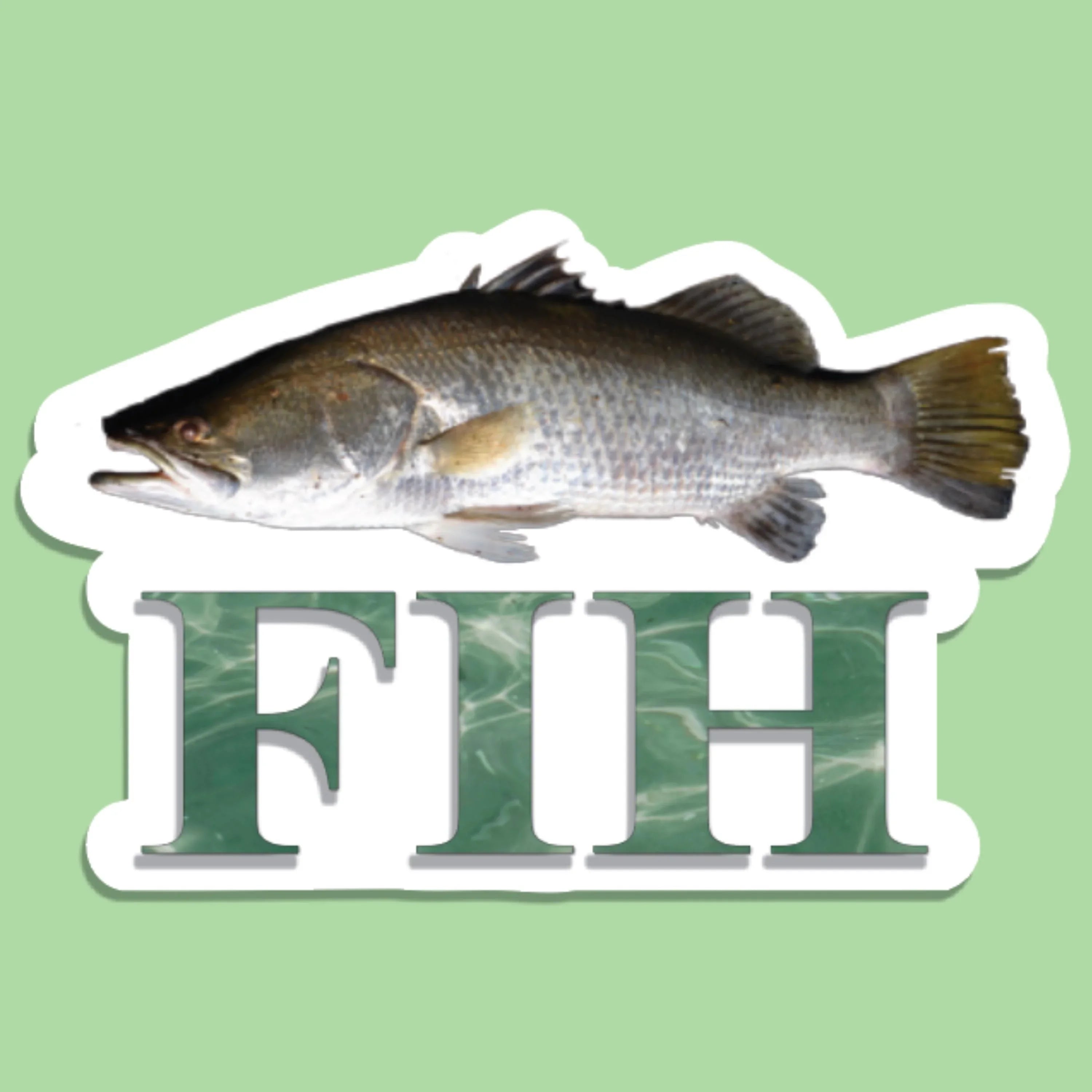 Fish sticker with bold 'FISH' text, weatherproof vinyl design for bumper or magnet use