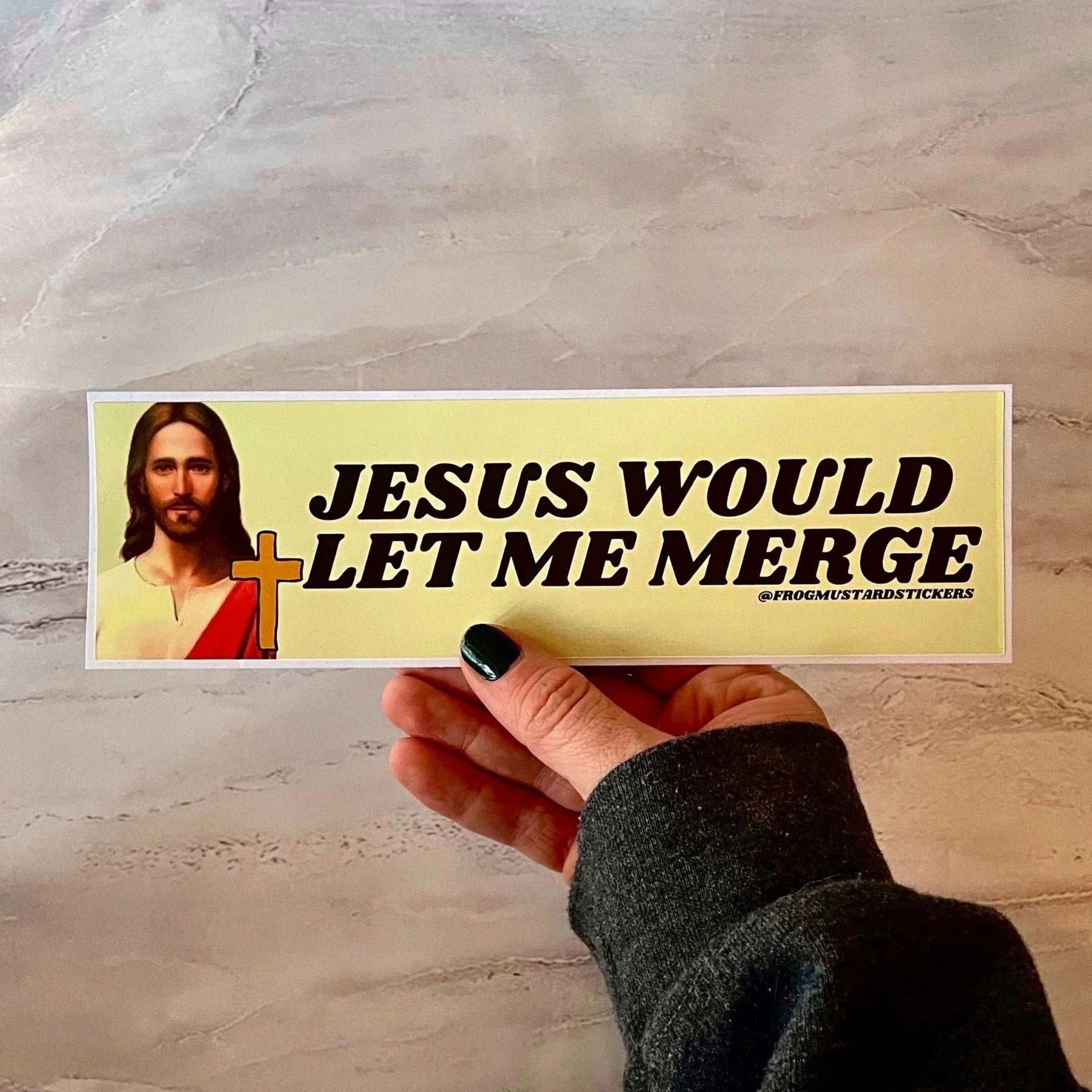Jesus Would Let Me Merge - Frog Mustard Stickers