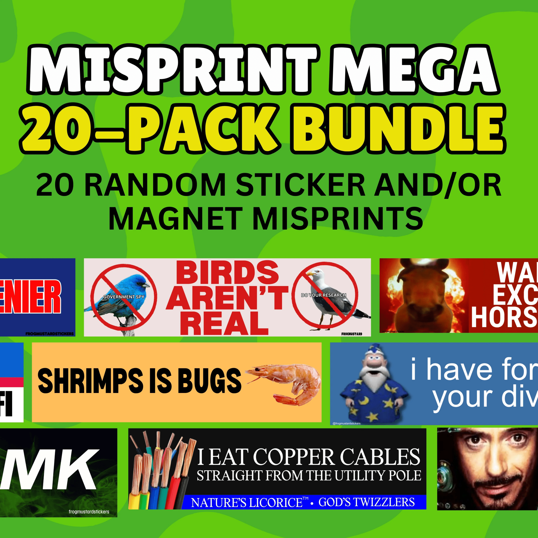 Mega Misprint 20 - Pack Bundle Stickers and/or Magnets - Frog Mustard Stickers