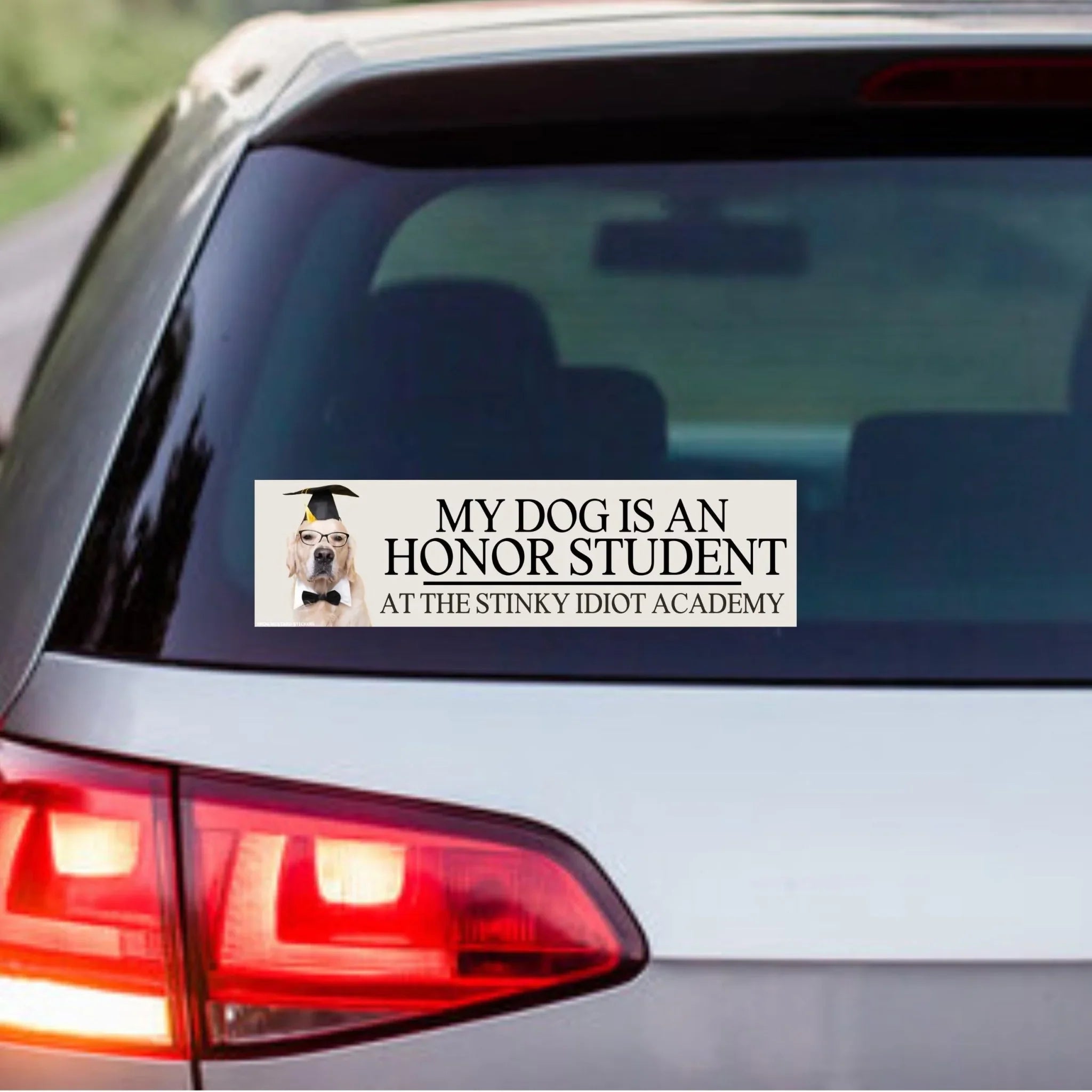 My Dog is an Honor Student at the Stinky Idiot Academy (Choose the default dog shown, or upgrade to use your own dog photo. - Frog Mustard Stickers