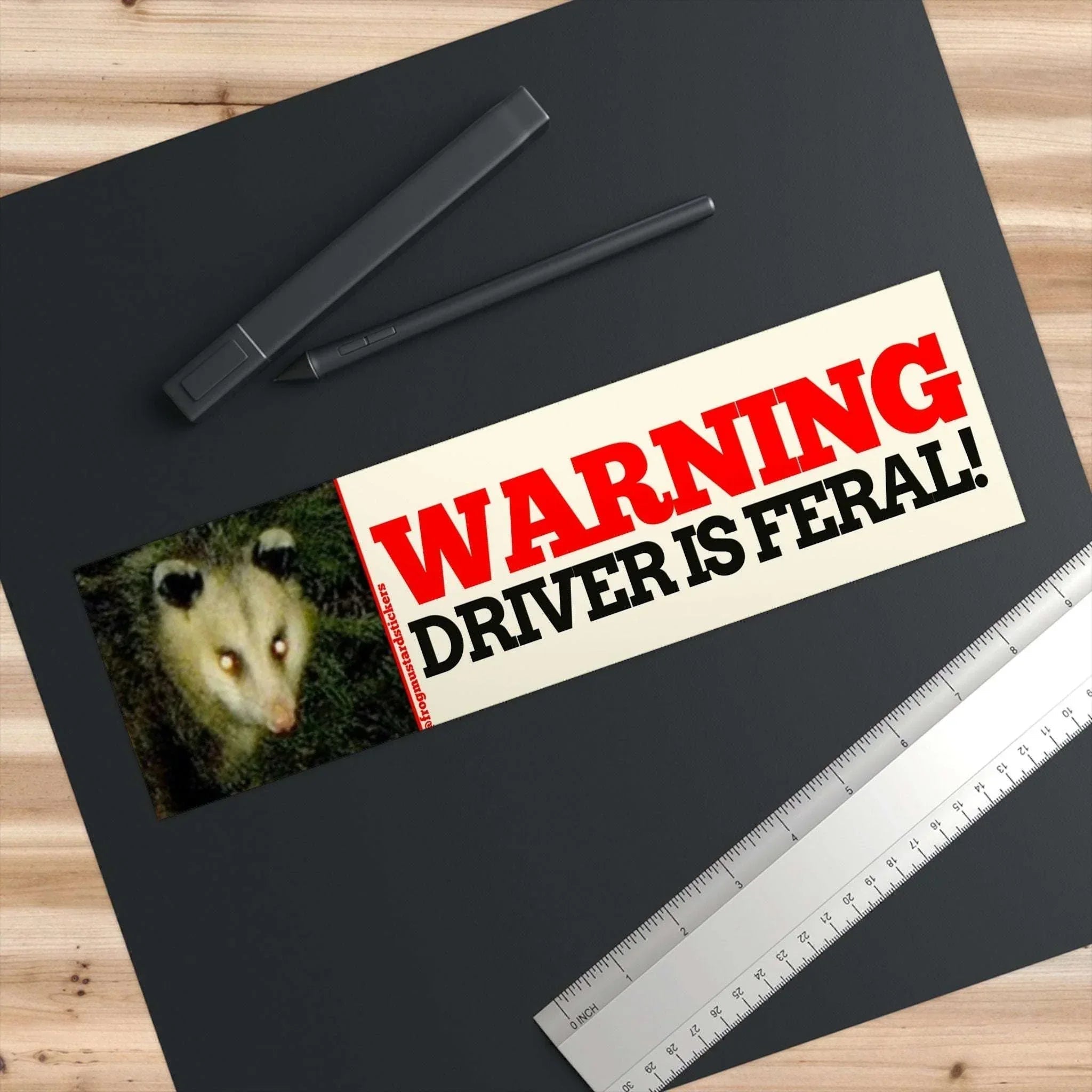 WARNING! Driver is FERAL | Possum Decal - Frog Mustard Stickers