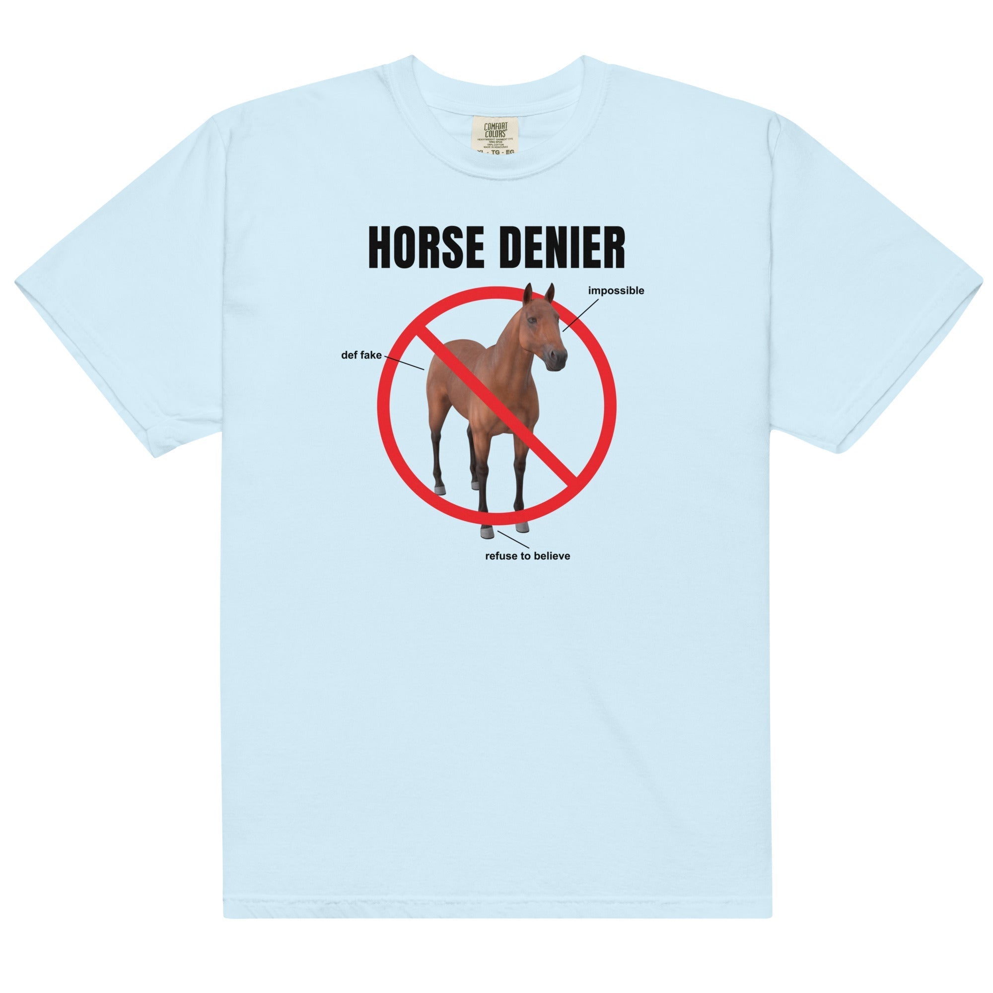 Horse Denier Unisex t-shirt - Frog Mustard Stickers