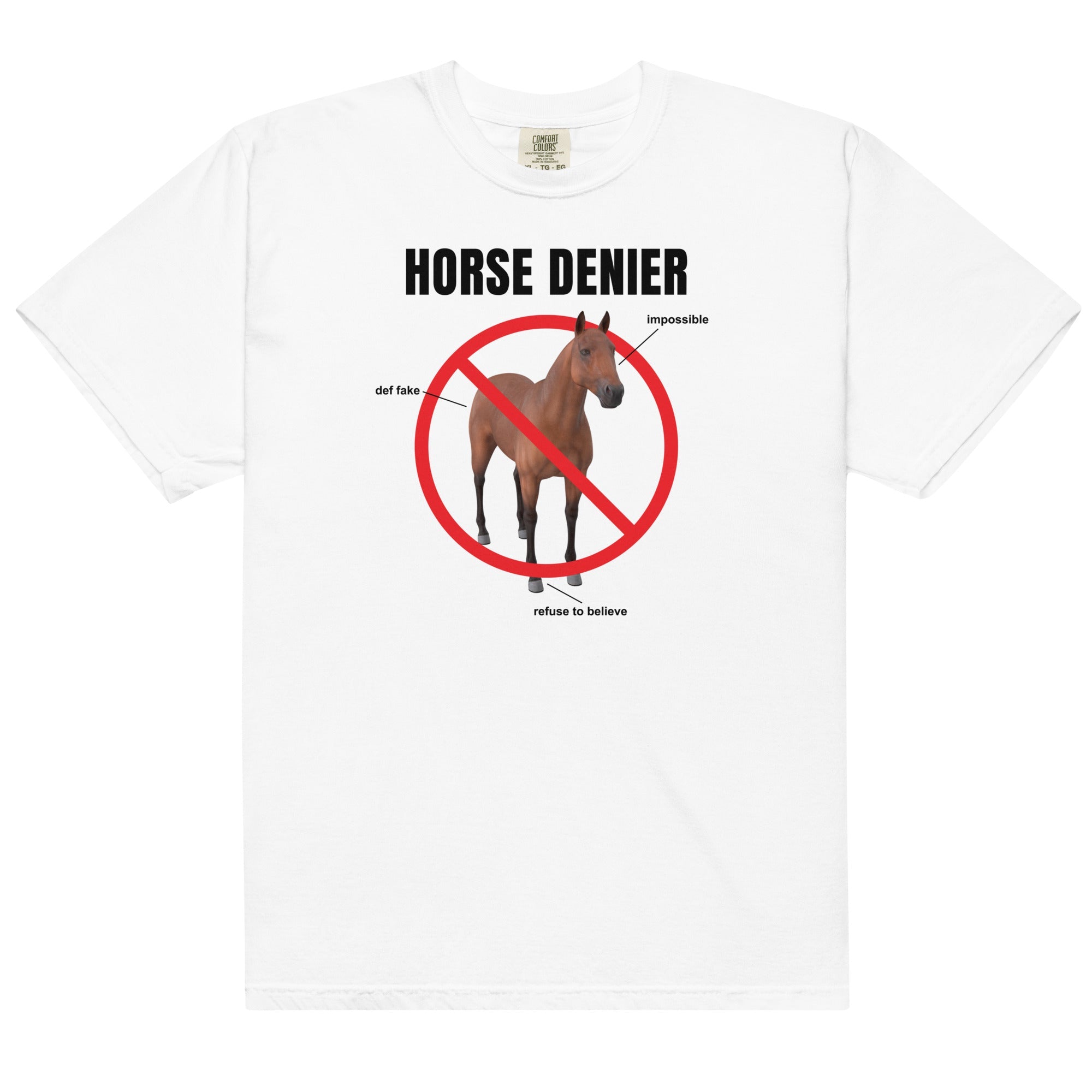 Horse Denier Unisex t-shirt - Frog Mustard Stickers