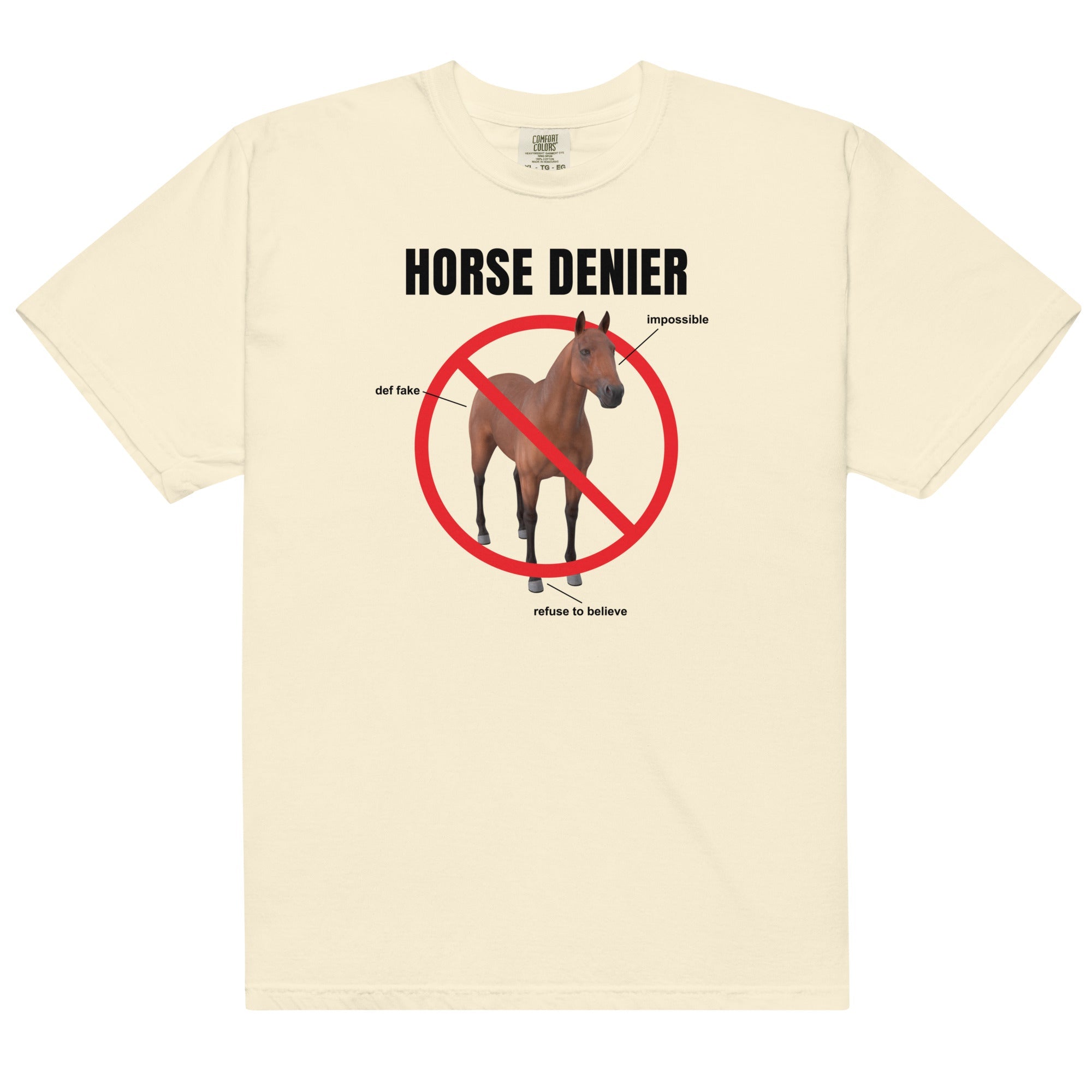 Horse Denier Unisex t-shirt - Frog Mustard Stickers