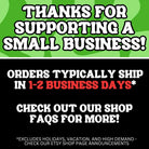 Thank you small business shipping notice, orders ship in 1-2 business days, FAQ reminder.