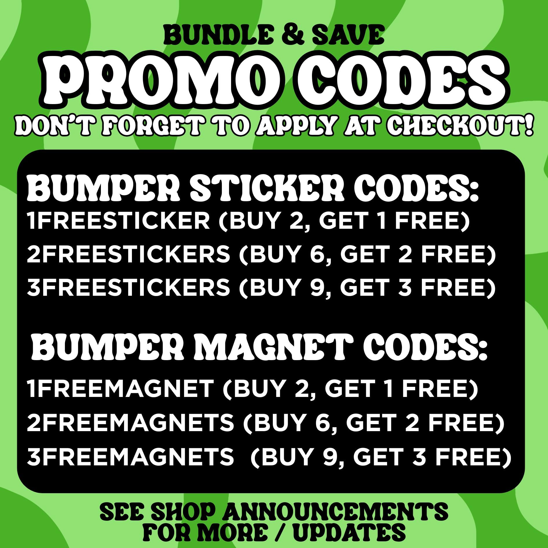 The image is a promotional advertisement for a bundle and save offer, featuring various sticker and magnet codes. The text on the image is clear and easy to read, providing information about the different deals available for purchase.