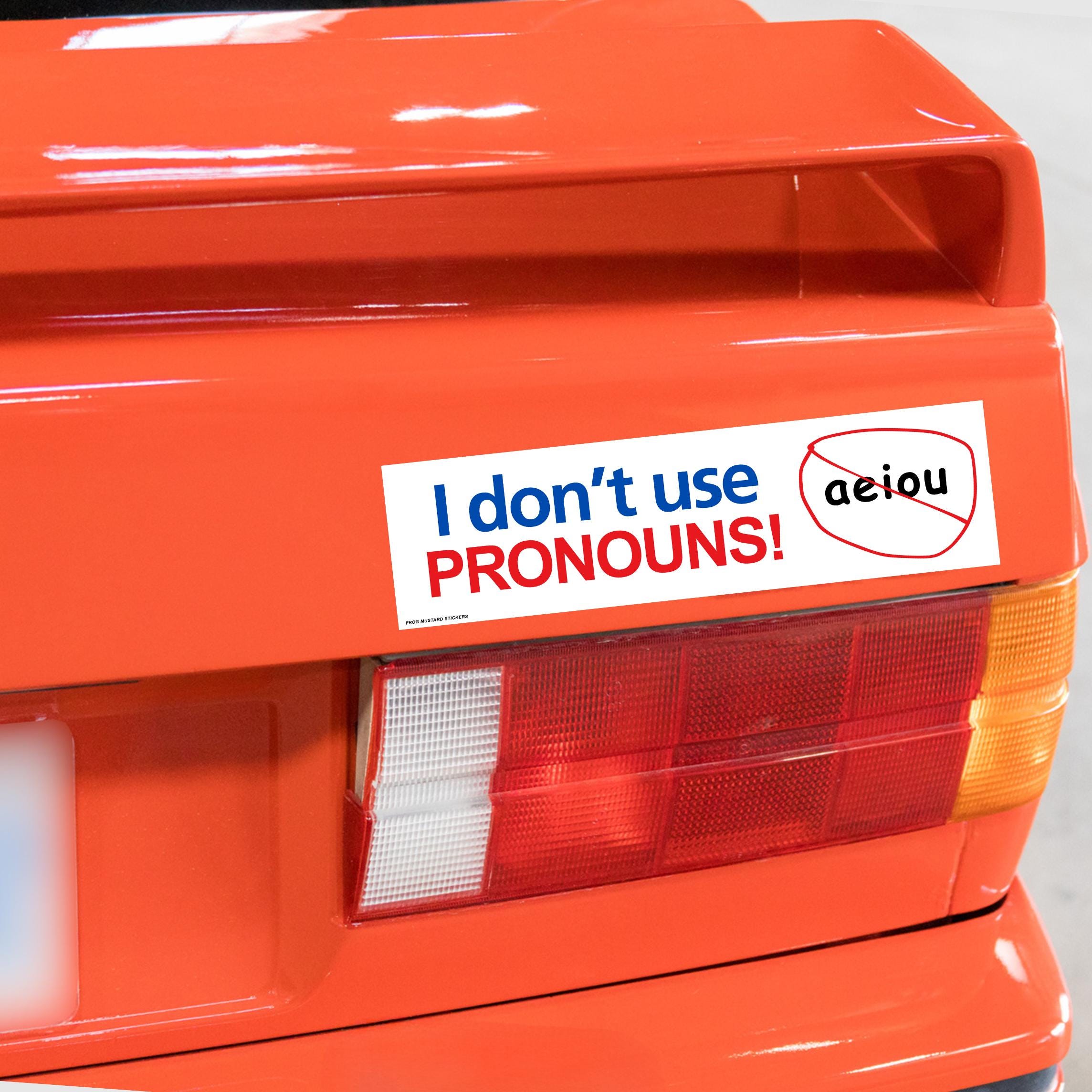 I Don't Use Pronouns! (a, e, i, o, u) - Funny Car Sticker or Magnet