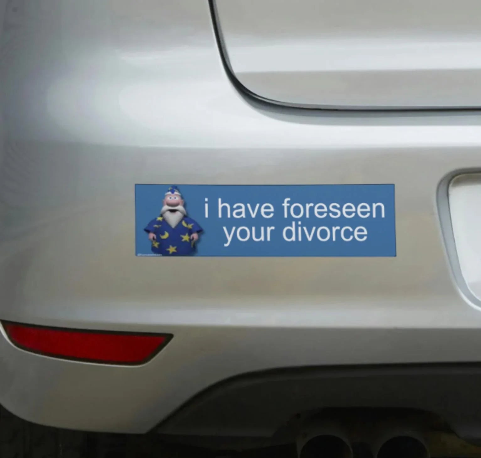 Funny wizard bumper sticker on car reads 'I have foreseen your divorce' with cartoon graphic