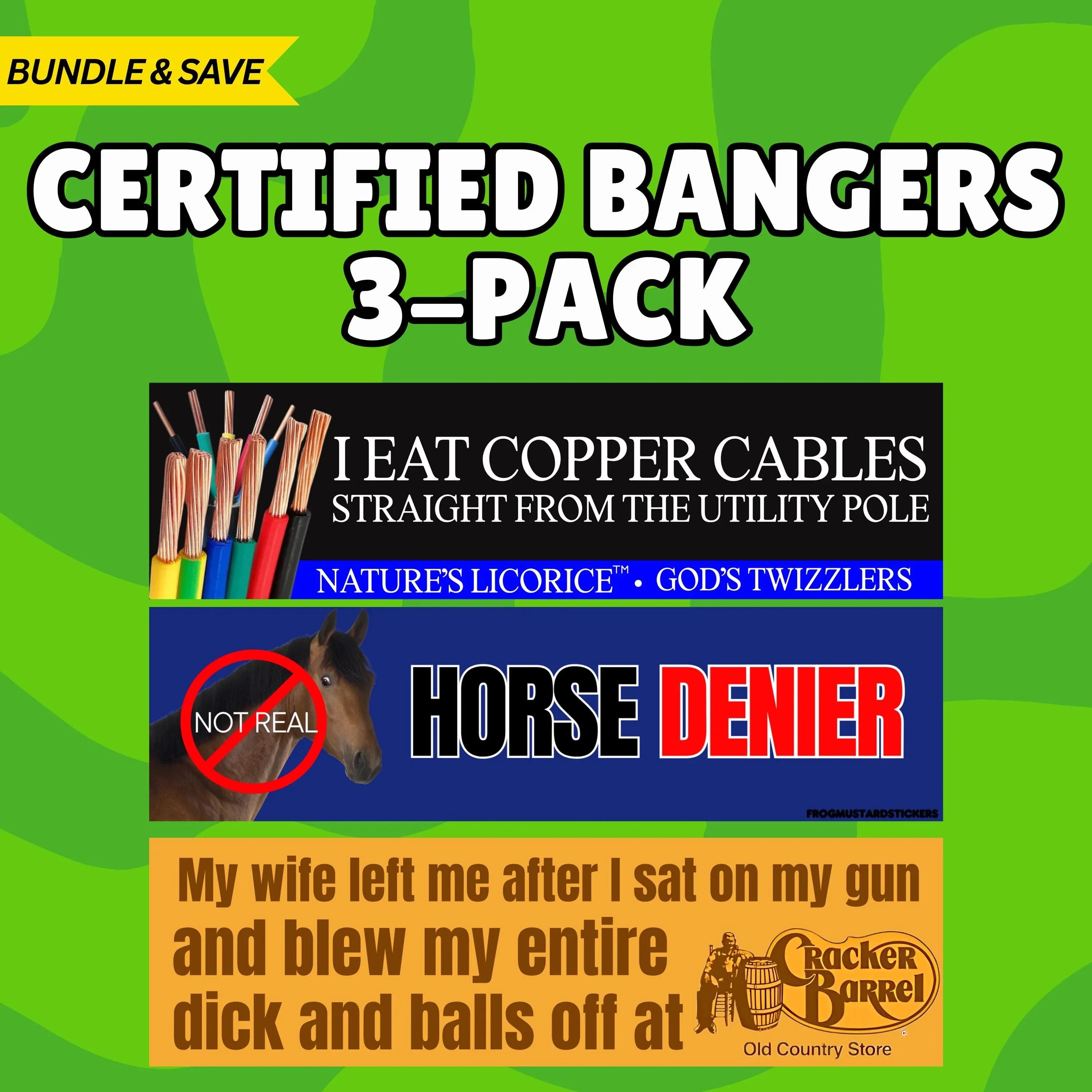 Funny vinyl sticker 3-pack with bold, absurd designs and colorful backgrounds for bumper decor.