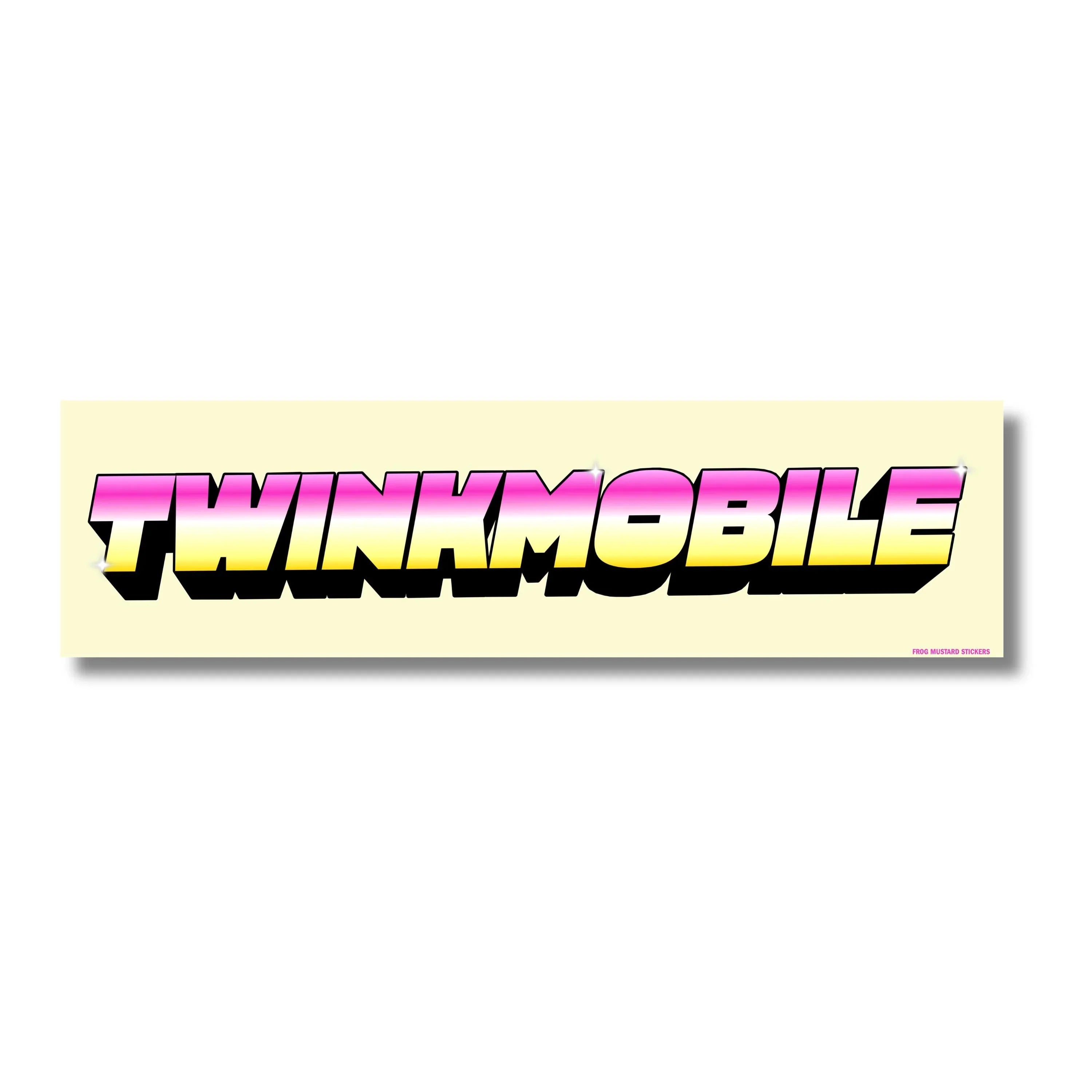 Twinkmobile bumper sticker with pink-to-yellow gradient text, bold 3D style, by Frog Mustard Stickers