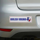 Abolish Virginia bumper sticker with Texas flag design on white car, weatherproof vinyl decal