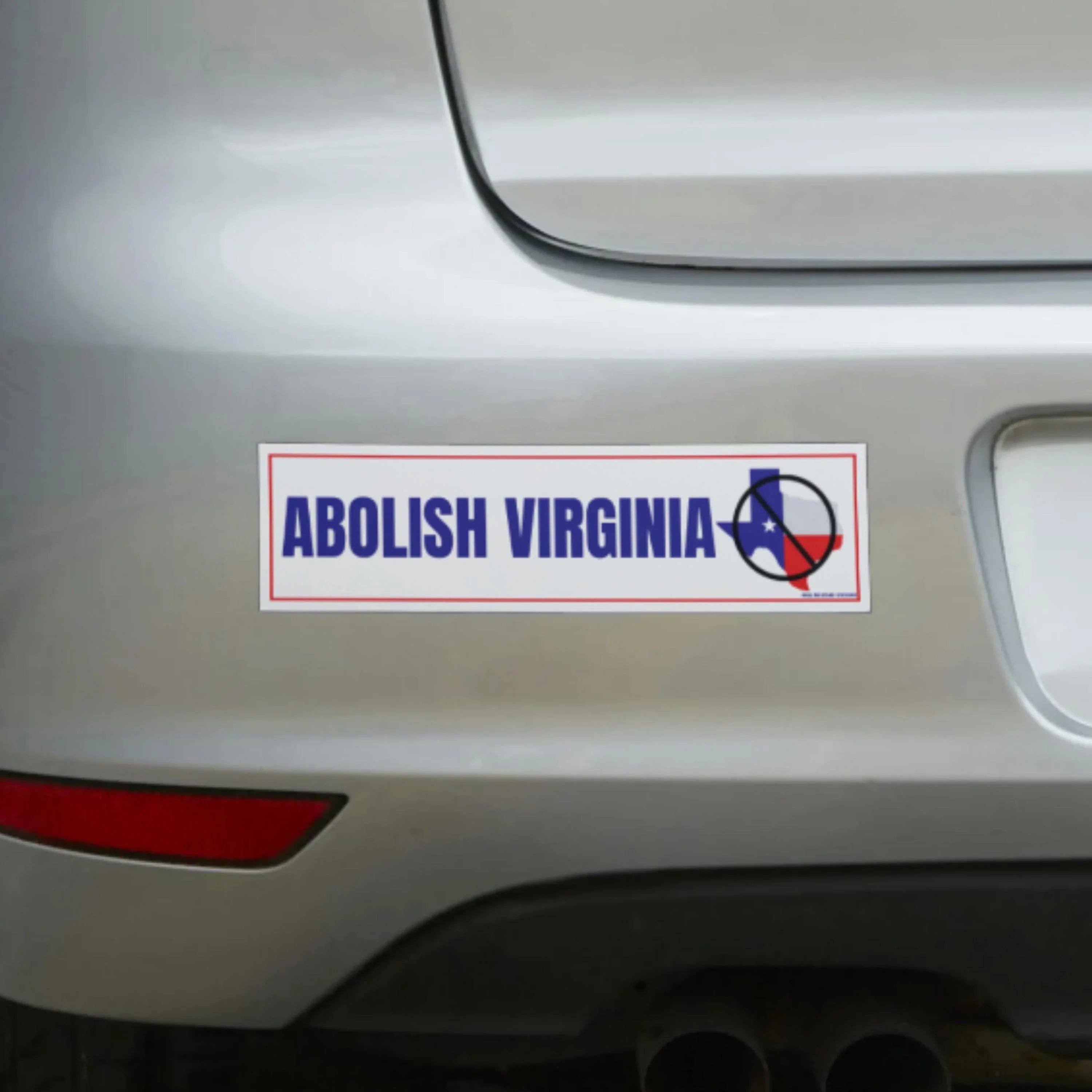 Abolish Virginia bumper sticker with Texas flag design on white car, weatherproof vinyl decal