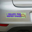 I Brake for Jumping Spiders bumper sticker on car, purple text, green background, weatherproof vinyl