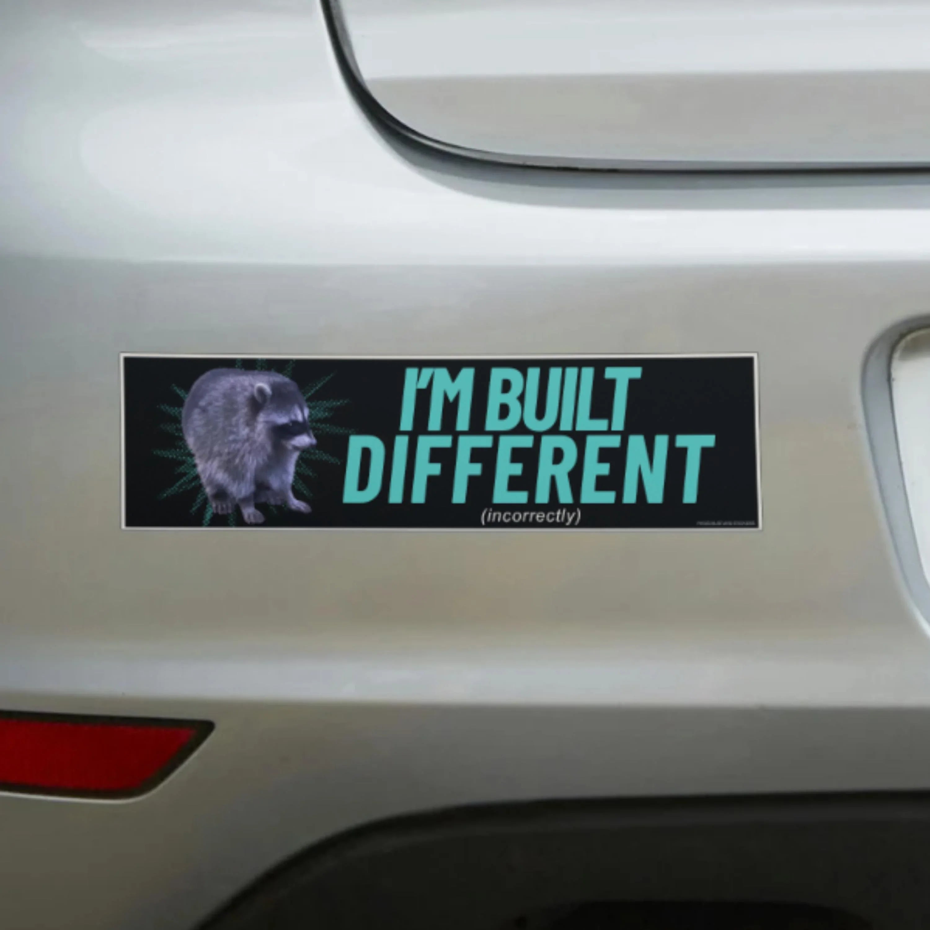 Raccoon bumper sticker with 'I'm Built Different (incorrectly)' text on car