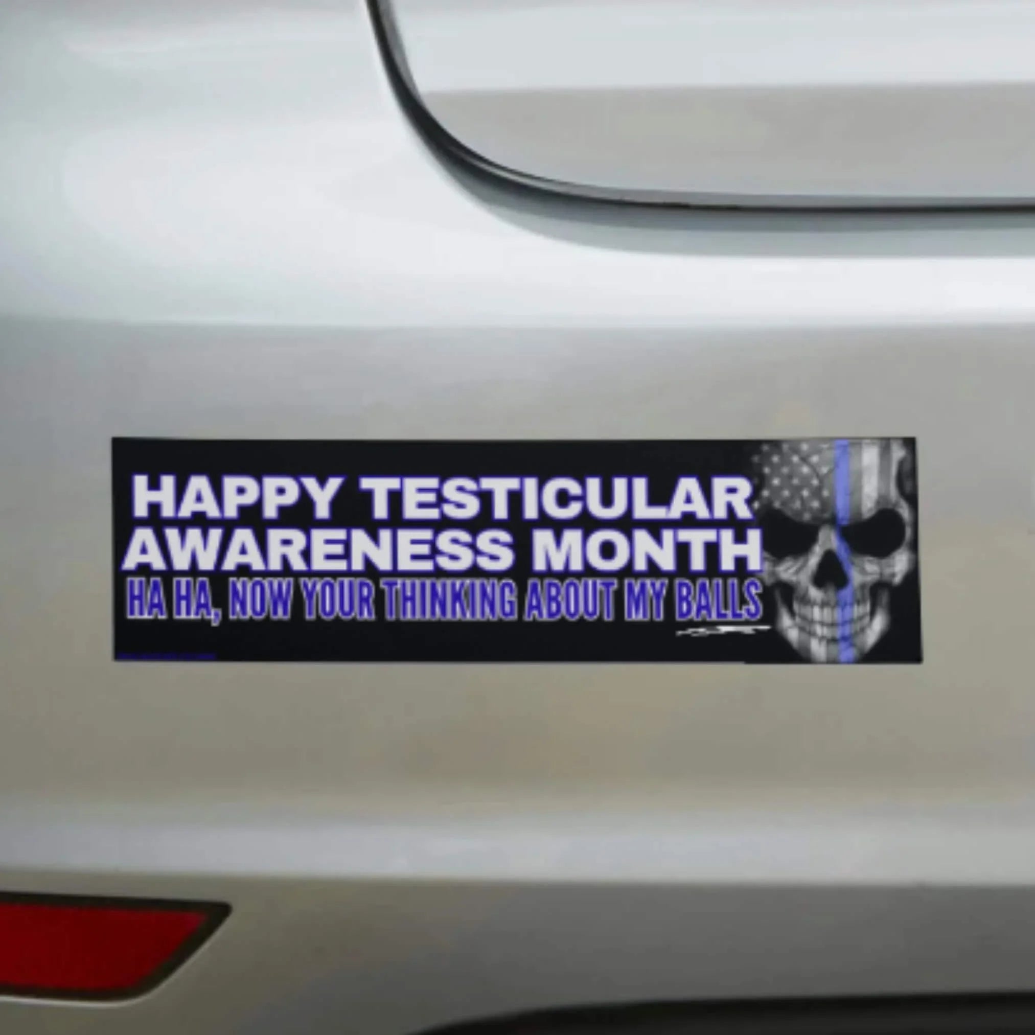Happy Testicular Awareness Month bumper sticker with skull and American flag design