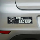Skull bumper sticker with 'SPELL ICUP' text on white car, weatherproof vinyl design