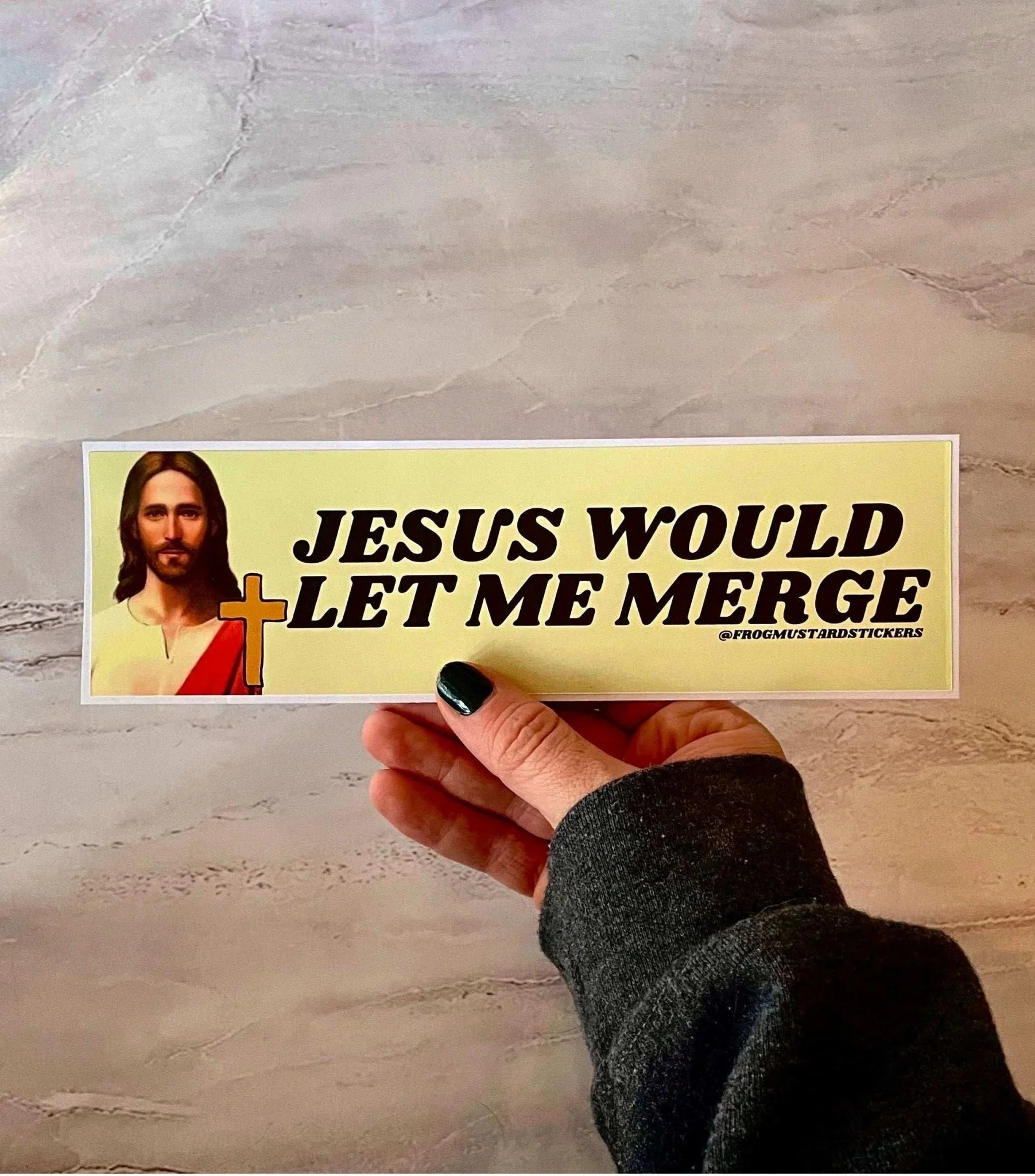 Jesus Would Let Me Merge - Frog Mustard Stickers