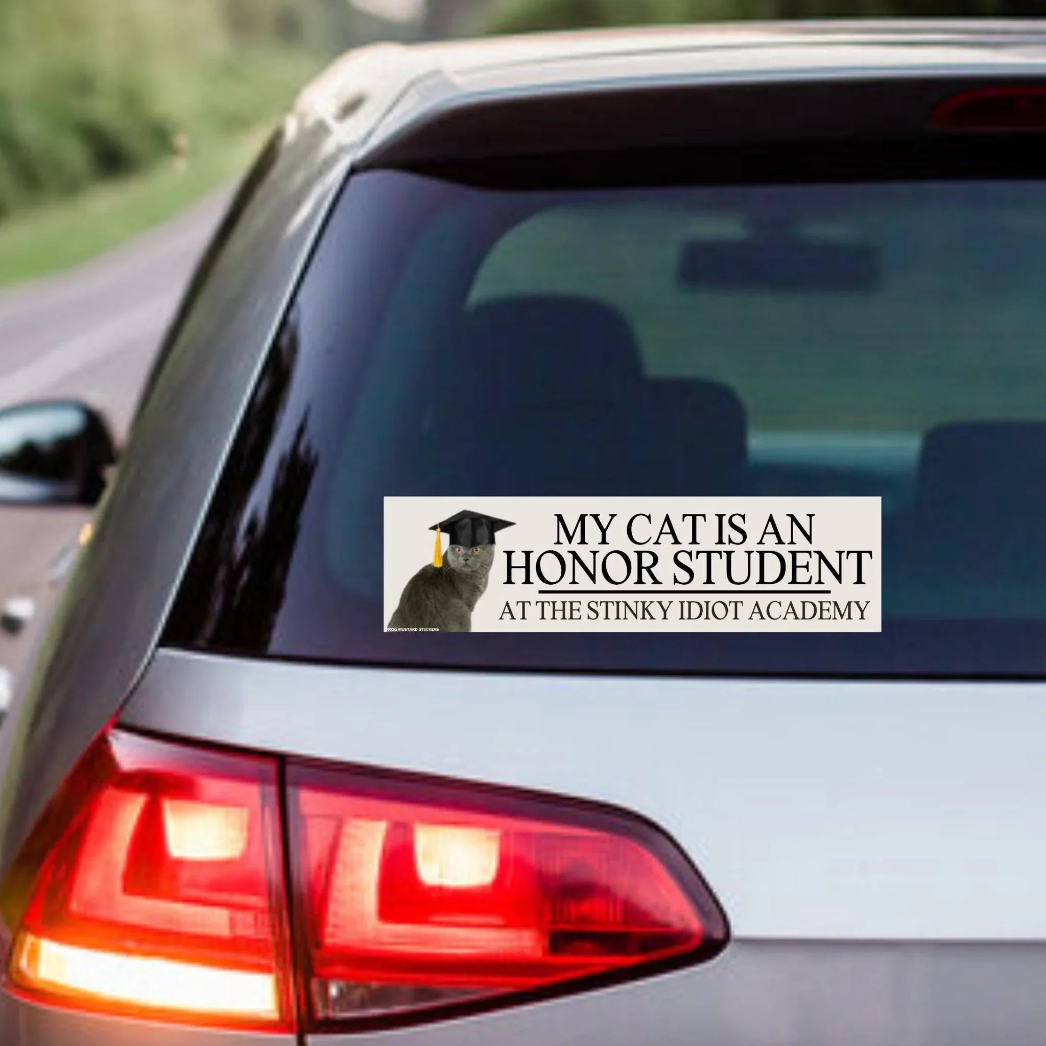 My Cat is an Honor Student at the Stinky Idiot Academy (Choose the default cat shown, or upgrade to use your own cat photo.) - Frog Mustard Stickers