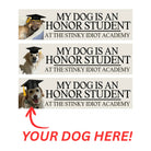 My Dog is an Honor Student at the Stinky Idiot Academy (Choose the default dog shown, or upgrade to use your own dog photo. - Frog Mustard Stickers