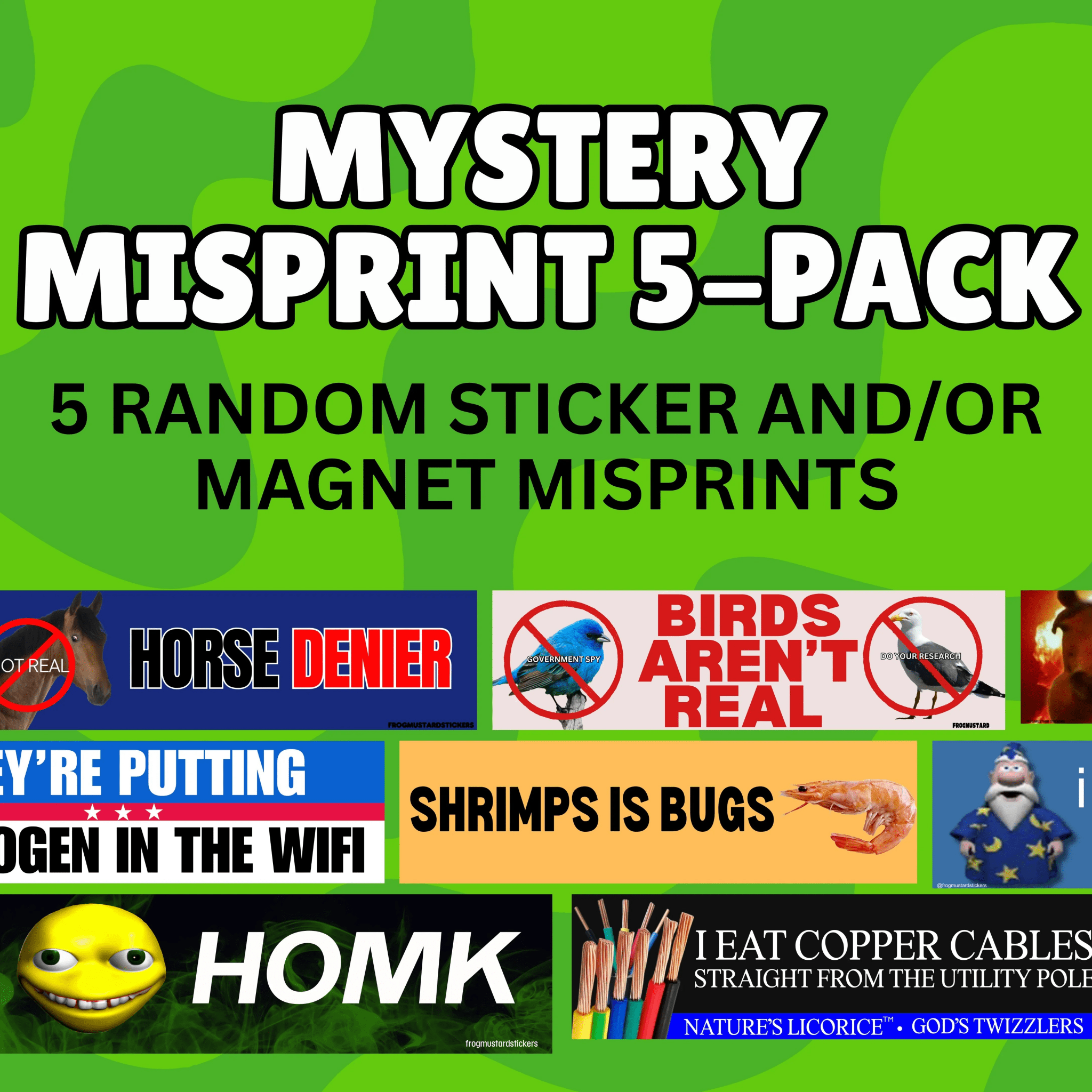 Mystery Misprint Sampler 5 - Pack Bundle (Up to 80% in Savings!) - Frog Mustard Stickers